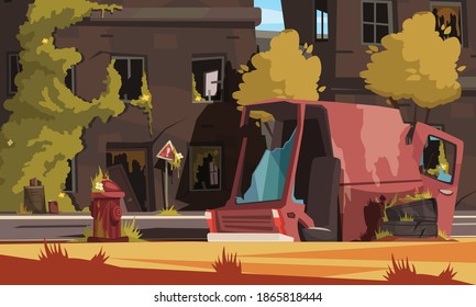 Post apocalypse city cartoon background with empty destroyed living buildings and automobile vector illustration