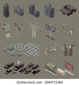 Post apocalypse city isometric set of destroyed buildings empty cars broken equipment isolated vector illustration