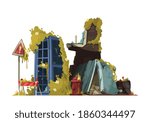 Post apocalypse design concept with wreckage of building  and fence with danger sign near surviving telephone box cartoon vector illustration