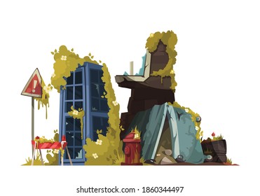 Post apocalypse design concept with wreckage of building  and fence with danger sign near surviving telephone box cartoon vector illustration