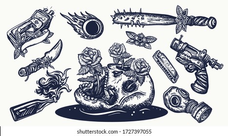 Post apocalypse elements. Tattoo art. Skulls, roses, baseball bats with spikes. Post apocalyptic weapons, gas mask,gun, knife and geiger counter. Symbol of survival, doomsday, nuclear war 
