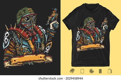 Post apocalipsis. Guerrero futurista con arma en mano. La guerra nuclear humana. El futuro del crimen oscuro. Diseño de camisetas. Impresión creativa para la ropa. Plantilla para carteles, textiles, prendas de vestir