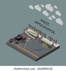 popopokalypse isometrische Komposition mit Fragment Stadtpark mit zerbrochenen Bänken und menschlichen Überresten Vektorgrafik