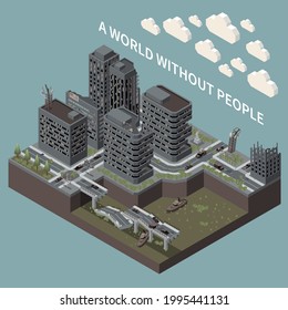 Post apocalypse isometric poster illustrated city landscape and transport without people vector illustration