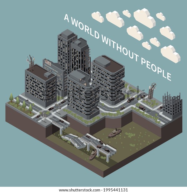Post\
apocalypse isometric poster illustrated city landscape and\
transport without people vector\
illustration