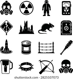 Post Apocalypse and Nuclear Fallout Survival Icons Set