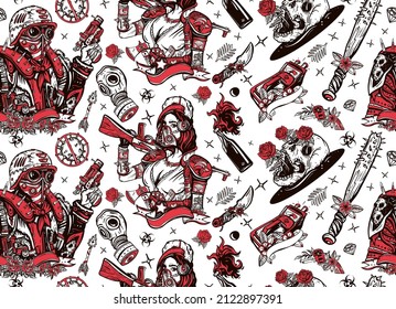 Post apocalypse. Nuclear war background. Doomsday girl and gun, end of world. Seamless pattern. Post apocalyptic man warrior, soldier woman. People, weapon of dark future 