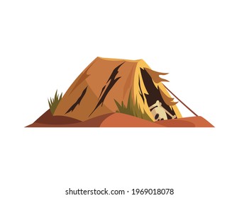 Post apocalypse scene with torn tent and human bones cartoon vector illustration