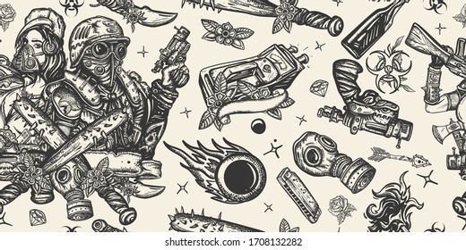 Apokalypse nahtloses Muster posten. Tätowierungsstil der alten Schule. Post apokalyptischer Mann Krieger, Soldat Frau in Gasmaske. Schwarzseher-Mädchen und Gewehr. Menschen und Waffe der dunklen Zukunft. Überlebendiger Hintergrund
