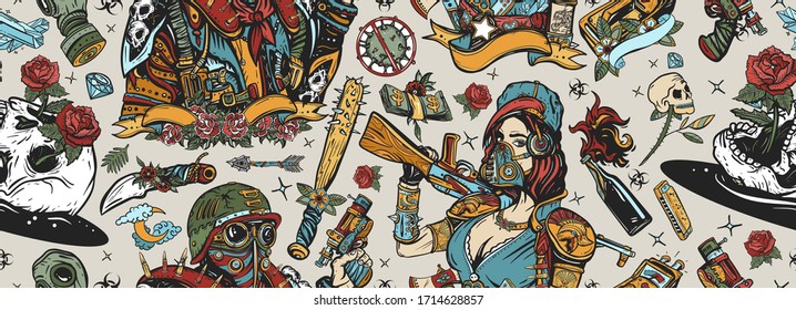 Post apocalypse seamless pattern. Old school tattoo style. Doomsday girl and gun, end of world. Post apocalyptic man warrior, soldier woman. People, weapon of dark future. Nuclear war background 