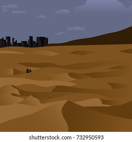 Post apocalypse. Vector illustration with desert and ruined city