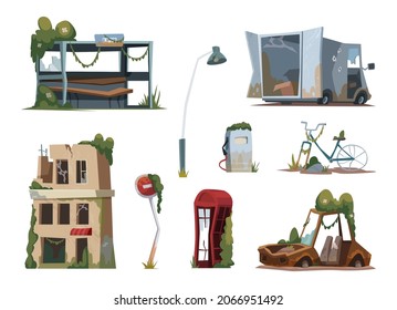 Post apocalypse. Wars city ruins destructive buildings destroyer concept exact vector illustrations in cartoon style