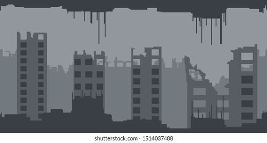 Post apocalyptic abandoned city - horizontal seamless pixelated backdrop with ruins of the town after accident for 8-bit games. Can be used as pixel background for creating levels, wallpapers etc.