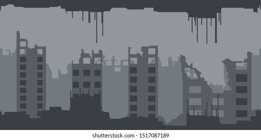 Post apocalyptic abandoned city - horizontal seamless pixelated backdrop with ruins of the town after accident for 8-bit games. Can be used as pixel background for creating levels, wallpapers etc.