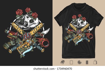 Post apocalyptic art. Skulls, roses, baseball bats with spikes. Creative print for dark clothes. T-shirt design. Template for posters, textiles, apparels. Post apocalypse concept 