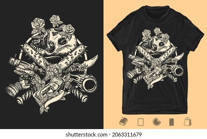 Post apocalyptic art. Skulls, roses, baseball bats with spikes. T-shirt design. Post apocalypse concept. Creative print for clothes. Template for posters, textiles, apparels