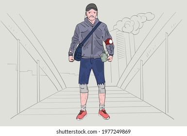 Post apocalyptic character. Man in damaged city. War affected people, broken homes and bridge. Hand drawn style vector design illustrations. 