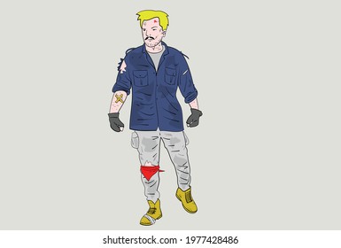 Post apocalyptic character. Man in damaged city. War affected people, broken homes and bridge. Hand drawn style vector design illustrations. 