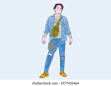 Post apocalyptic character. Man in damaged city. War affected people, broken homes and bridge. Hand drawn style vector design illustrations. 