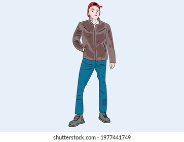 Post apocalyptic character. Man in damaged city. War affected people, broken homes and bridge. Hand drawn style vector design illustrations. 