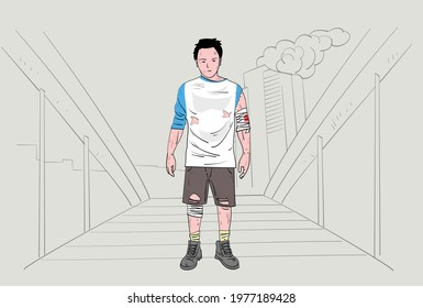 Post apocalyptic character. Poor people in damaged city. War affected people, broken homes and bridge. Hand drawn style vector design illustrations. 