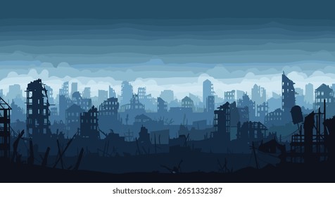 Pós-apocalíptica paisagem urbana céu nublado arruinado edifícios atmosfera crepúsculo