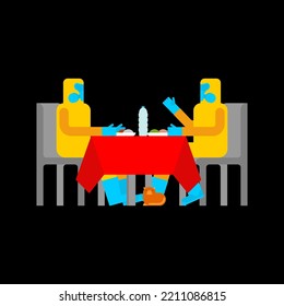 Post apocalyptic dinner. romantic date after nuclear war. A couple in chemical protection sits at table. Nuclear war concept. Poster for the radioactive apocalypse. Future after nuclear war