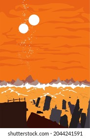 Post Apocalyptic Dystopian Dune Landscape with Ruins of City Deserted and Orange Cloudy Sky