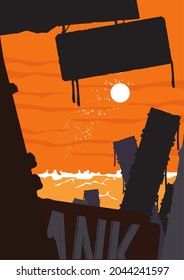 Post Apocalyptic Dystopian Dune Landscape with Ruins of City Deserted and Orange Cloudy Sky