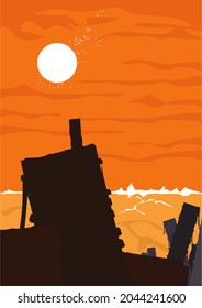 Post Apocalyptic Dystopian Dune Landscape with Ruins of City Deserted and Orange Cloudy Sky