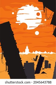 Post Apocalyptic Dystopian Dune Landscape with Ruins of City Deserted and Orange Cloudy Sky