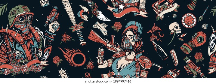 Post apocalyptic man warrior, soldier woman. People, weapon of dark future. Post apocalypse seamless pattern. Nuclear war background. Doomsday girl and gun, end of world 