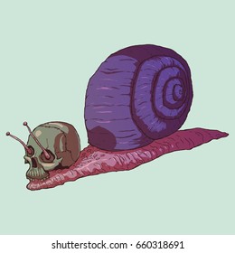 Post apocalyptic snail mutant with skull.
Vector illustration in comic style.T shirt print design.