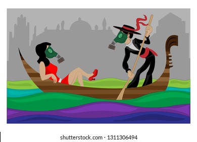 Post apocalyptic Venice. A couple of lovers in gas masks spend a joint rest on the water	