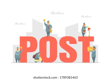 Post Big Word with Postmen in Uniform Delivering Parcels and Letters, Express Delivery Service Vector Illustration
