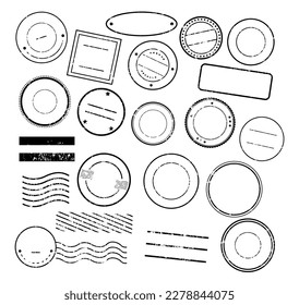 Post black and white simple set. Stamps and postmarks for envelopes and letters. Mail and business correspondence, communication. Cartoon flat vector illustrations isolated on white background