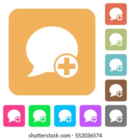 Post blog comment flat icons on rounded square vivid color backgrounds.