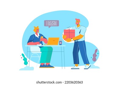 Post blue concept with people scene in the flat cartoon style. Man came to pick up the package from the post office. Vector illustration.