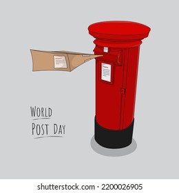 Post box in cylinder with red cartoon design and the envelope in the box for world post day design