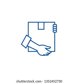 Post box with hands line icon concept. Post box with hands flat  vector symbol, sign, outline illustration.