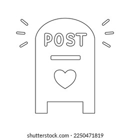 Post box with heart symbol or love mail post box, flat vector outline for kids coloring book