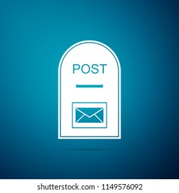 Post box icon isolated on blue background. Mail box sign. Flat design. Vector Illustration