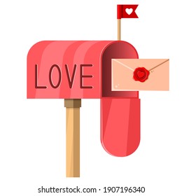 Post box with a letter. Beautiful image of a mailbox with the inscription love with a letter inside. Happy Valentines Day. Vector illustration for websites, reviews and prints.