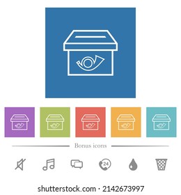 Post box outline flat white icons in square backgrounds. 6 bonus icons included.