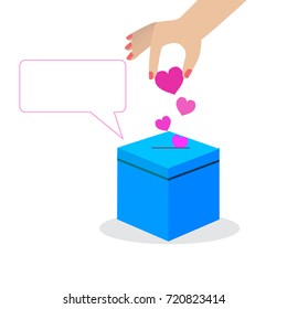 Post box with pink hearts and with a bubble for your text. Cartoon style vector design.
