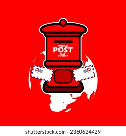 Un recuadro de post con dos letras, tierra y texto en negrita sobre fondo rojo para conmemorar el Día Mundial del Post el 9 de octubre