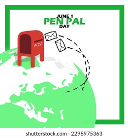 A post box with two letters floating above the earth with bold text in frame on white background to commemorate Pen Pal Day on June 1