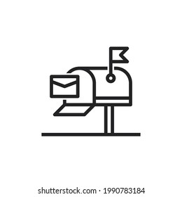 Post box white icon isolated vector in modern flat style. Mail delivery icon, Envelope entering open mailbox. Mailbox line icon, outline vector sign, linear style pictogram isolated on white.
