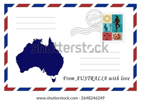 Post card with australian map and ethnic elements. From Australia with love. Vector illustration