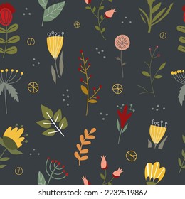 Post card. Autumn floral pattern. Cornflowers, tulips, lilies, leaves, twigs of modern style. Scandinavian style. Subdued tones. Suitable for postcard printing, advertising and merchandise.